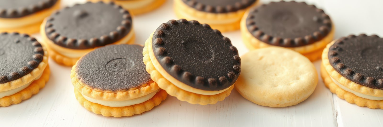 Delicious assortment of cream-filled cookies arranged on a white surface in a bright kitchen setting